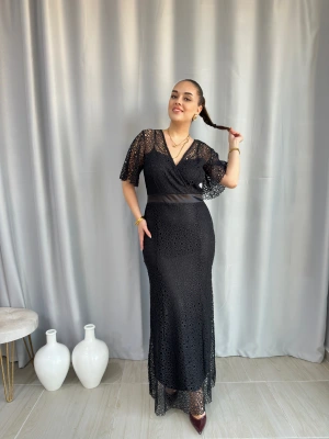 Siyah Örümcek Dantel Kumaş Elbise