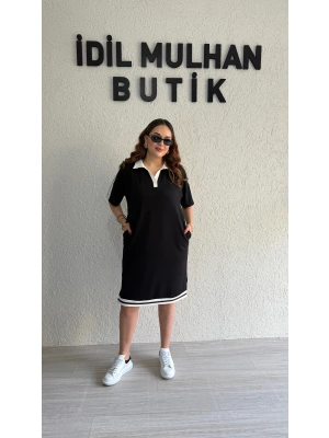 Siyah Polo Yaka Beyaz Şeritli Elbise