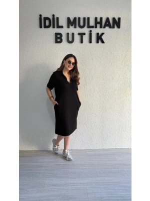 Siyah Polo Yaka Modal Kumaş Elbise