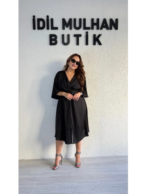 Siyah Yarasa Kol Saten Elbise