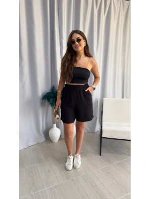 Siyah Yüksek Bel Viskon Şort