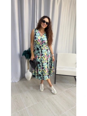 Su Yeşili Çiçek Desenli Elbise