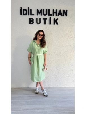 Su Yeşili Kemer Detaylı Tensel Elbise