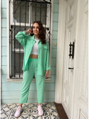 Su Yeşili Pitikareli Paça Yırtmaçlı Takım