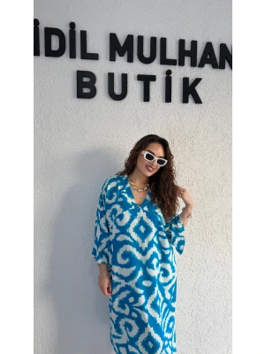 Turkuaz Batik Desenli Elbise