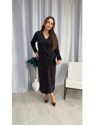 Uzun Kol Scuba Krep Payetli Elbise