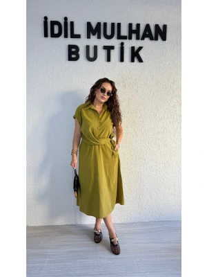 Yağ Yeşili Önden Bağlamalı Pinko Elbise