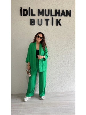 Yeşil Keten Kimono Takım