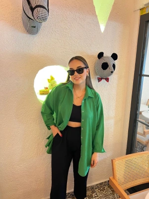 Yeşil Oversize %100 Keten Gömlek