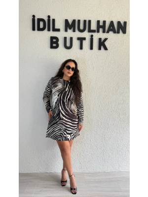 Zebra Desenli Gold Kemer Detaylı Elbise
