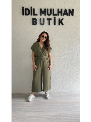 Zeytin Yeşili Kruvaze Kesim Viskon Tulum