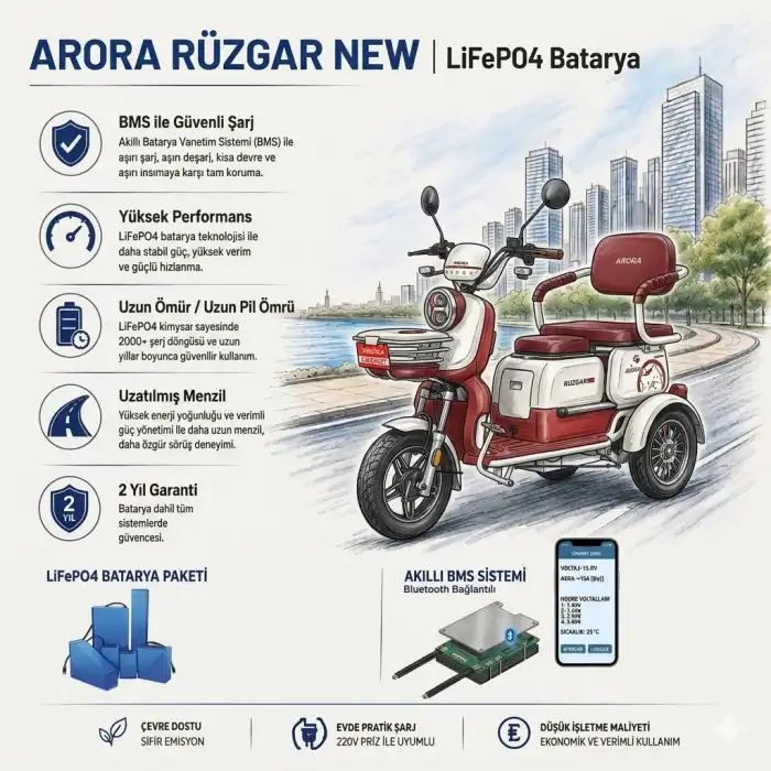 Arora Rüzgar New Uyumlu 60 Volt 48 Ah LiFePO4 Smart Batarya