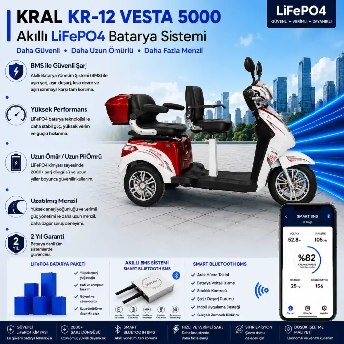 Kral KR-12 Vesta 5000 Uyumlu 60 Volt 48 Ah LiFePO4 Smart Batarya