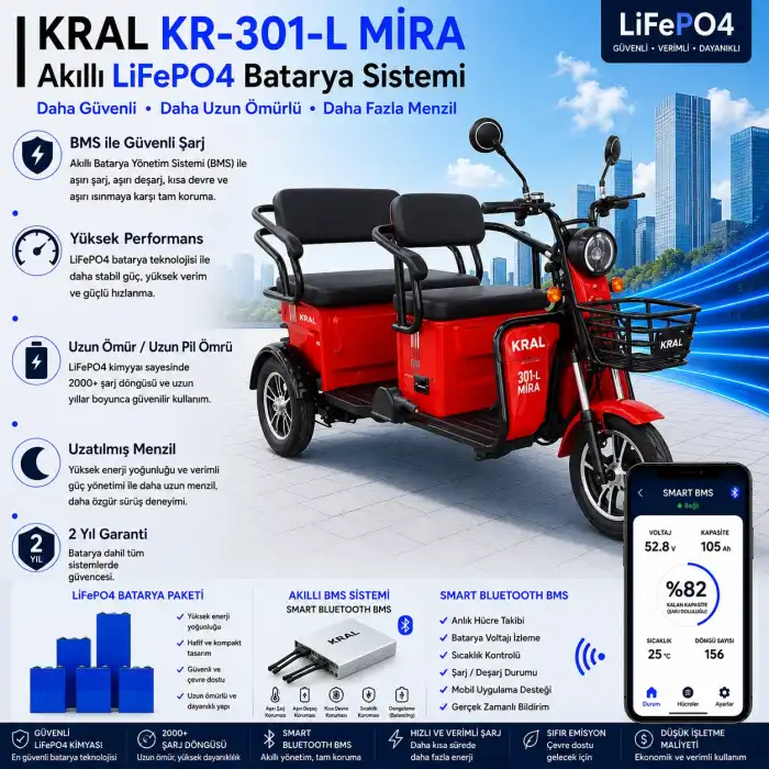 Kral KR-301-L Mira Uyumlu 60 Volt 48 Ah LiFePO4 Smart Batarya