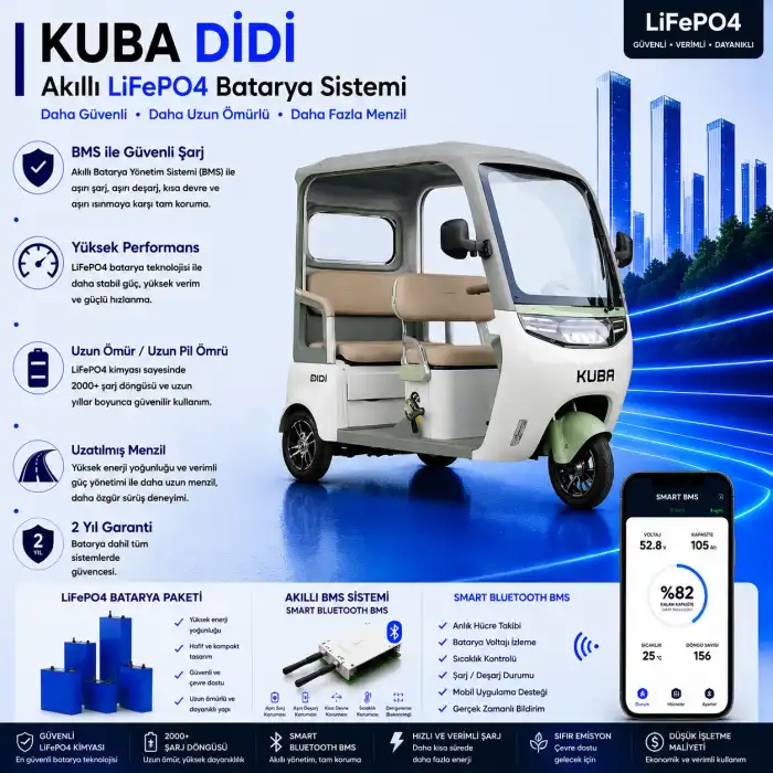 Kuba Didi Uyumlu 72 Volt 48 Ah LiFePO4 Smart Batarya