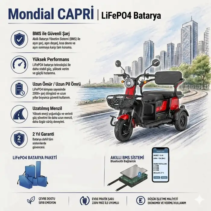 Mondial Capri Uyumlu 60 Volt 30 Ah LiFePO4 Smart Batarya
