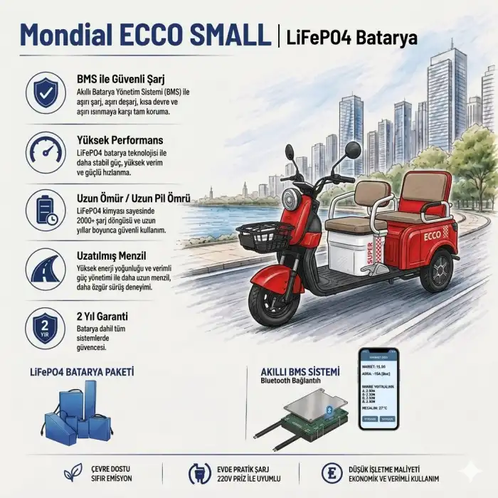 Mondial Ecco Small Uyumlu 72 Volt 48 Ah LiFePO4 Smart Batarya
