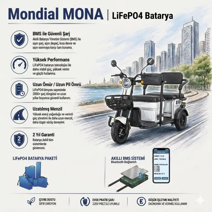 Mondial Mona Uyumlu 72 Volt 30 Ah LiFePO4 Smart Batarya