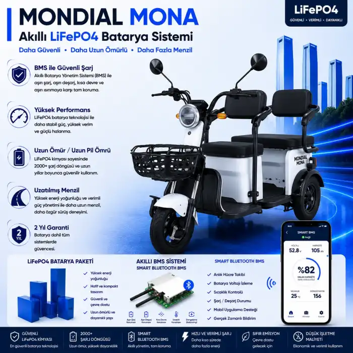 Mondial Mona Uyumlu 72 Volt 48 Ah LiFePO4 Smart Batarya