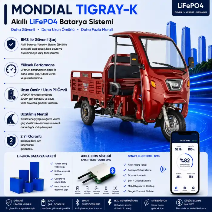 Mondial TİGRAY-K Uyumlu 72 Volt 48 Ah LiFePO4 Smart Batarya