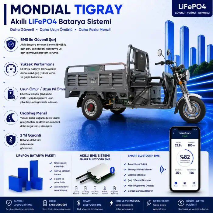 Mondial TİGRAY Uyumlu 72 Volt 48 Ah LiFePO4 Smart Batarya
