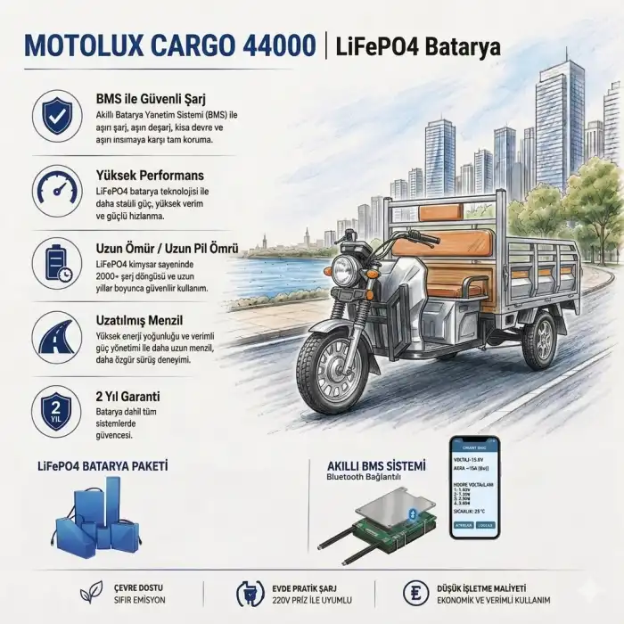 Motolux CARGO 44000 Uyumlu 72 Volt 48 Ah LiFePO4 Smart Batarya