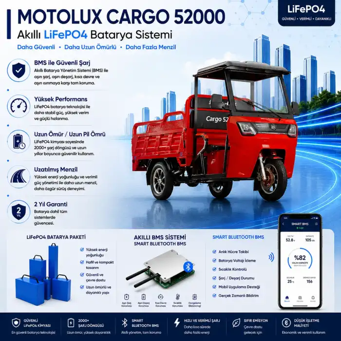 Motolux CARGO 52000 Uyumlu 72 Volt 60 Ah LiFePO4 Smart Batarya