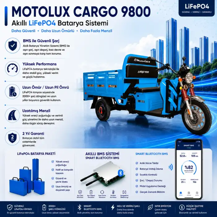 Motolux CARGO 9800 Uyumlu 72 Volt 60 Ah LiFePO4 Smart Batarya