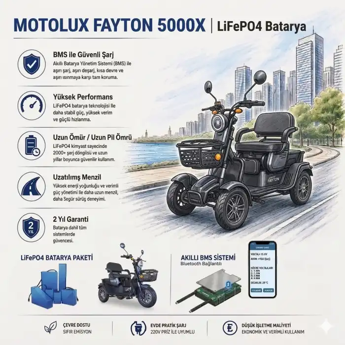 Motolux Fayton 5000X Uyumlu 60 Volt 48 Ah LiFePO4 Smart Batarya