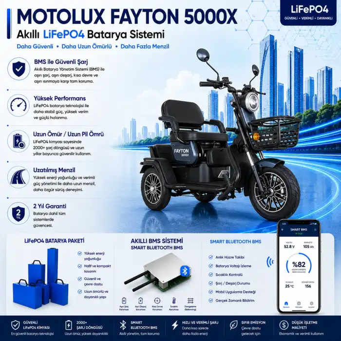 Motolux Fayton 5000X Uyumlu 60 Volt 48 Ah LiFePO4 Smart Batarya
