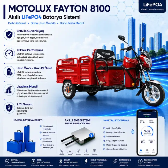 Motolux Fayton 8100 Uyumlu 72 Volt 48 Ah LiFePO4 Smart Batarya
