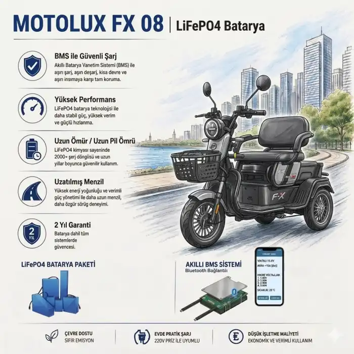 Motolux Fayton FX08 Uyumlu 60 Volt 48 Ah LiFePO4 Smart Batarya