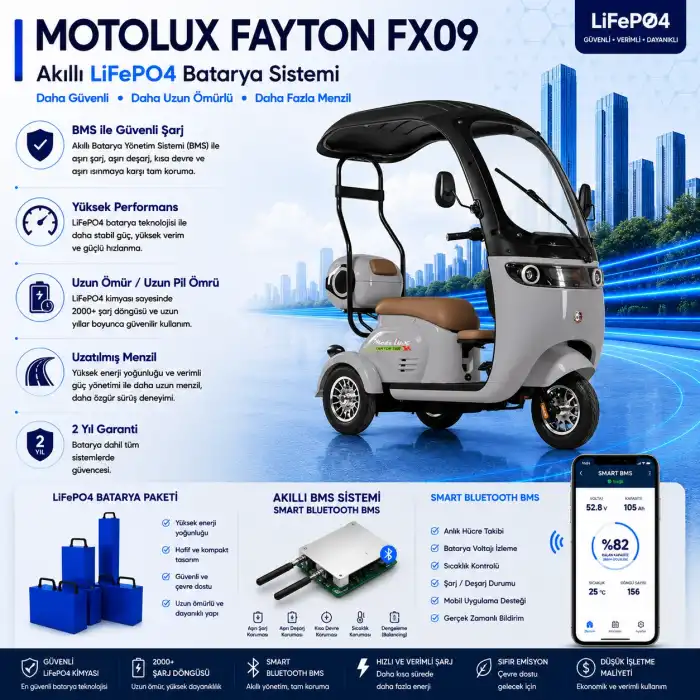 Motolux Fayton FX09 Uyumlu 60 Volt 48 Ah LiFePO4 Smart Batarya