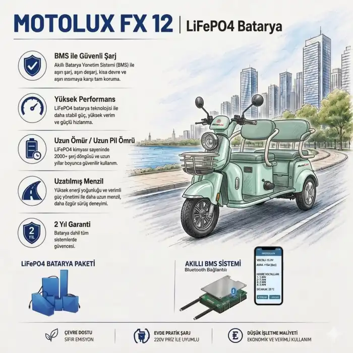 Motolux Fayton FX12 Uyumlu 60 Volt 30 Ah LiFePO4 Smart Batarya