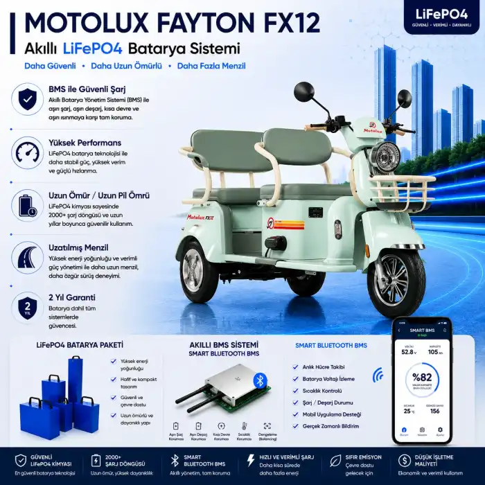 Motolux Fayton FX12 Uyumlu 60 Volt 30 Ah LiFePO4 Smart Batarya