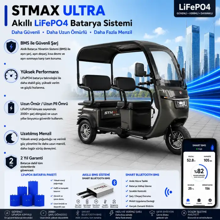 Stmax Ultra Uyumlu 72 Volt 60 Ah LiFePO4 Smart Batarya