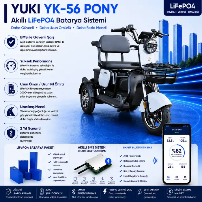 Yuki YK-56 PONY Uyumlu 60 Volt 48 Ah LiFePO4 Smart Batarya