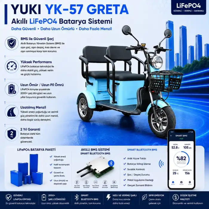 Yuki YK-57 GRETA Uyumlu 72 Volt 48 Ah LiFePO4 Smart Batarya