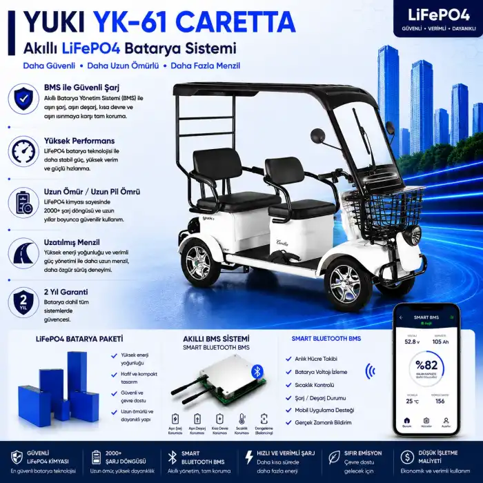 Yuki YK-61 CARETTA Uyumlu 72 Volt 48 Ah LiFePO4 Smart Batarya