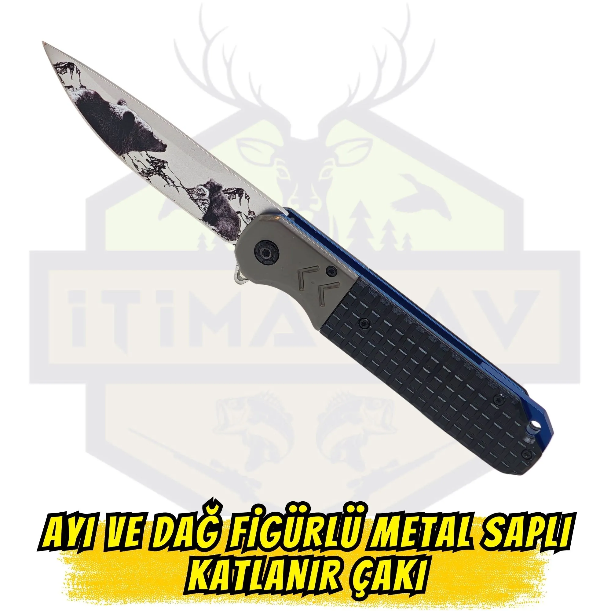 Ayı ve Dağ Figürlü Füme-Siyah Metal Saplı Katlanır Çakı