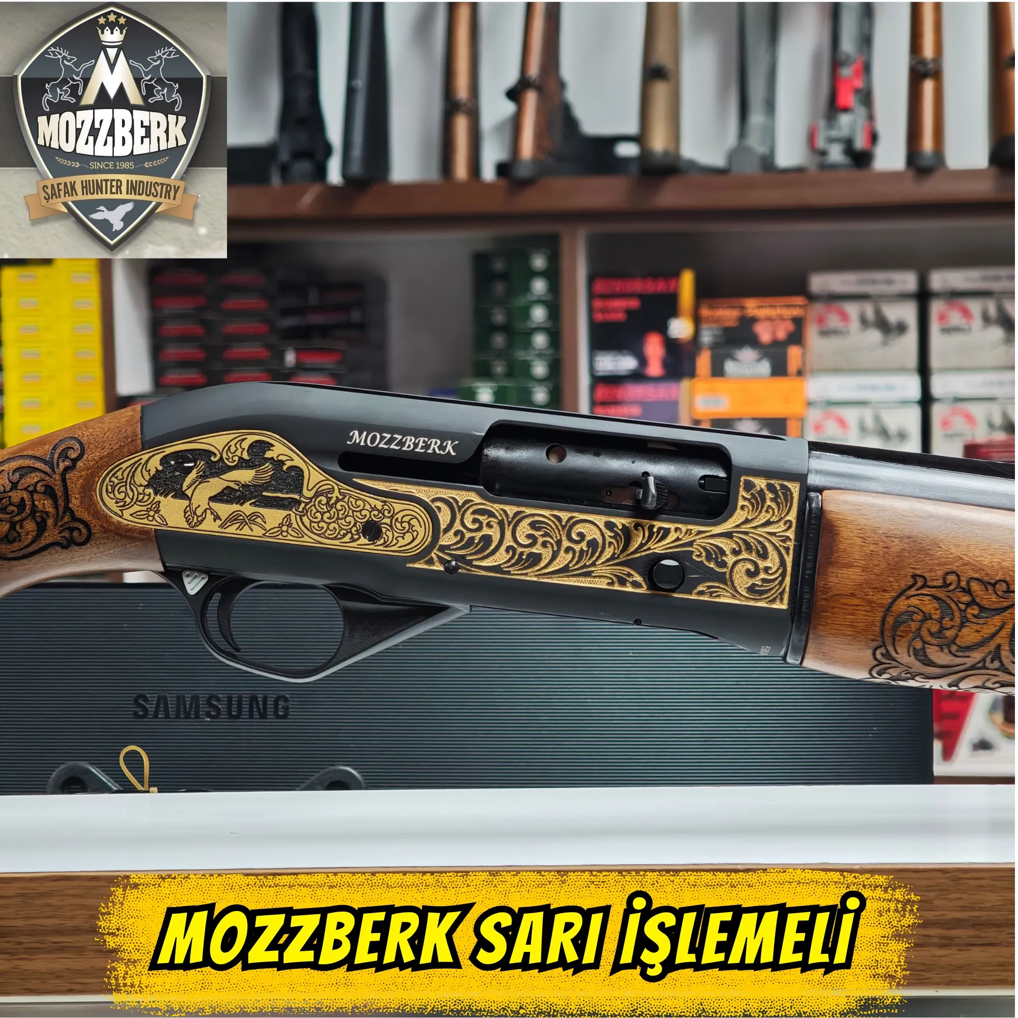 Mozzberk Sarı Full Gravür İşlemeli 7+1 Yarı Otomatik Av Tüfeği - Şafak Silah Sanayi