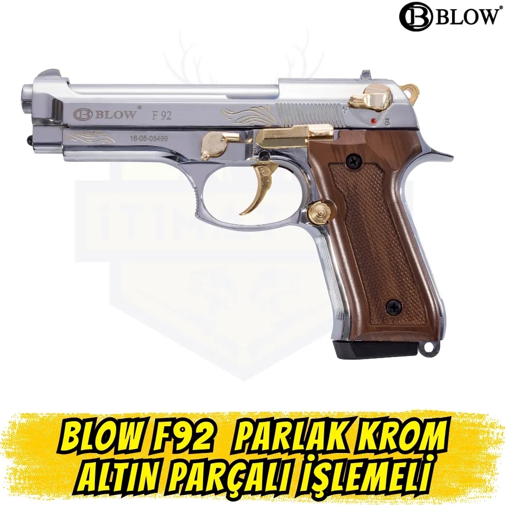 Blow F92 İşlemeli Kurusıkı Tabanca (Parlak Krom - Altın Parçalı)
