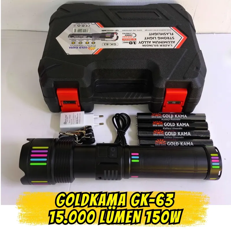 Gold Kama GK-63  150W 15000 Lümen Ultra Güçlü LED El Feneri Lazer Fonksiyonlu