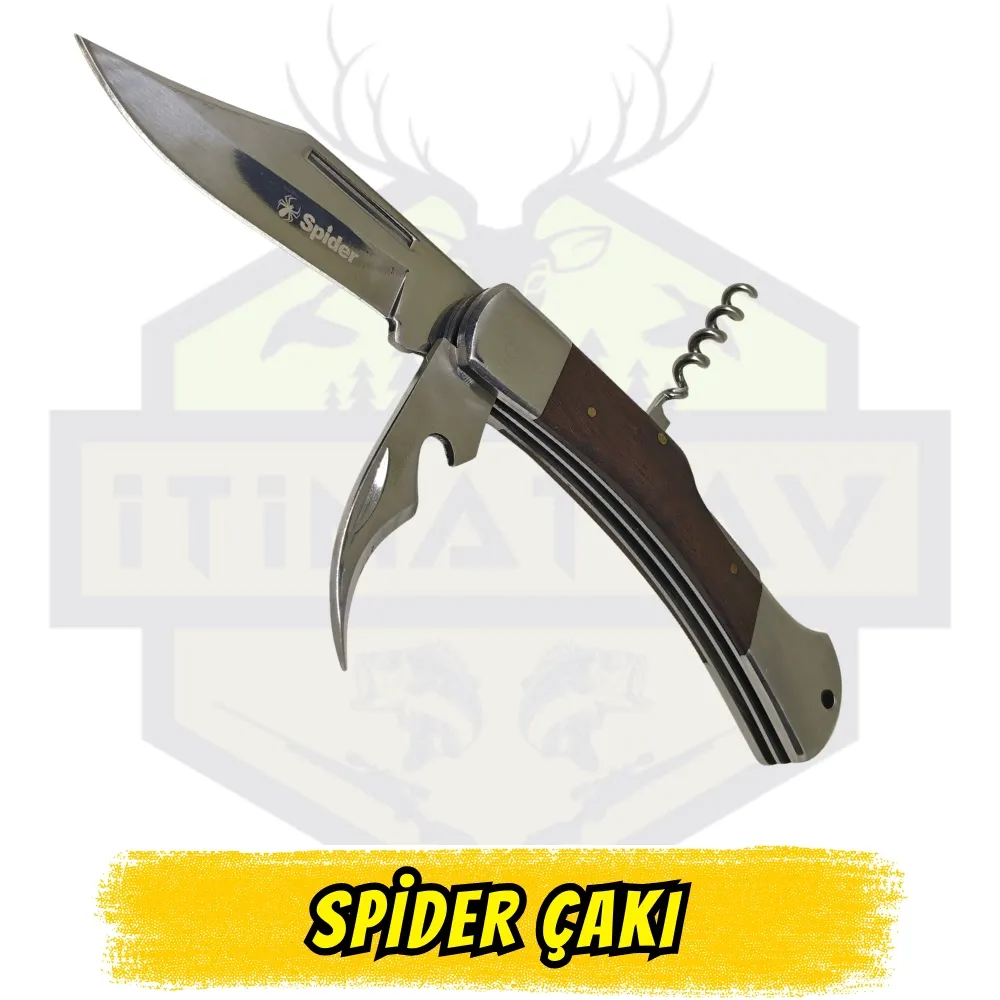 Spider Katlanır Çakı Ahşap Sap - Tirbuşon Şişe Açacağı Yontma Bıçağı Açık Uzunluk 22 cm Kapalı 12.5 cm