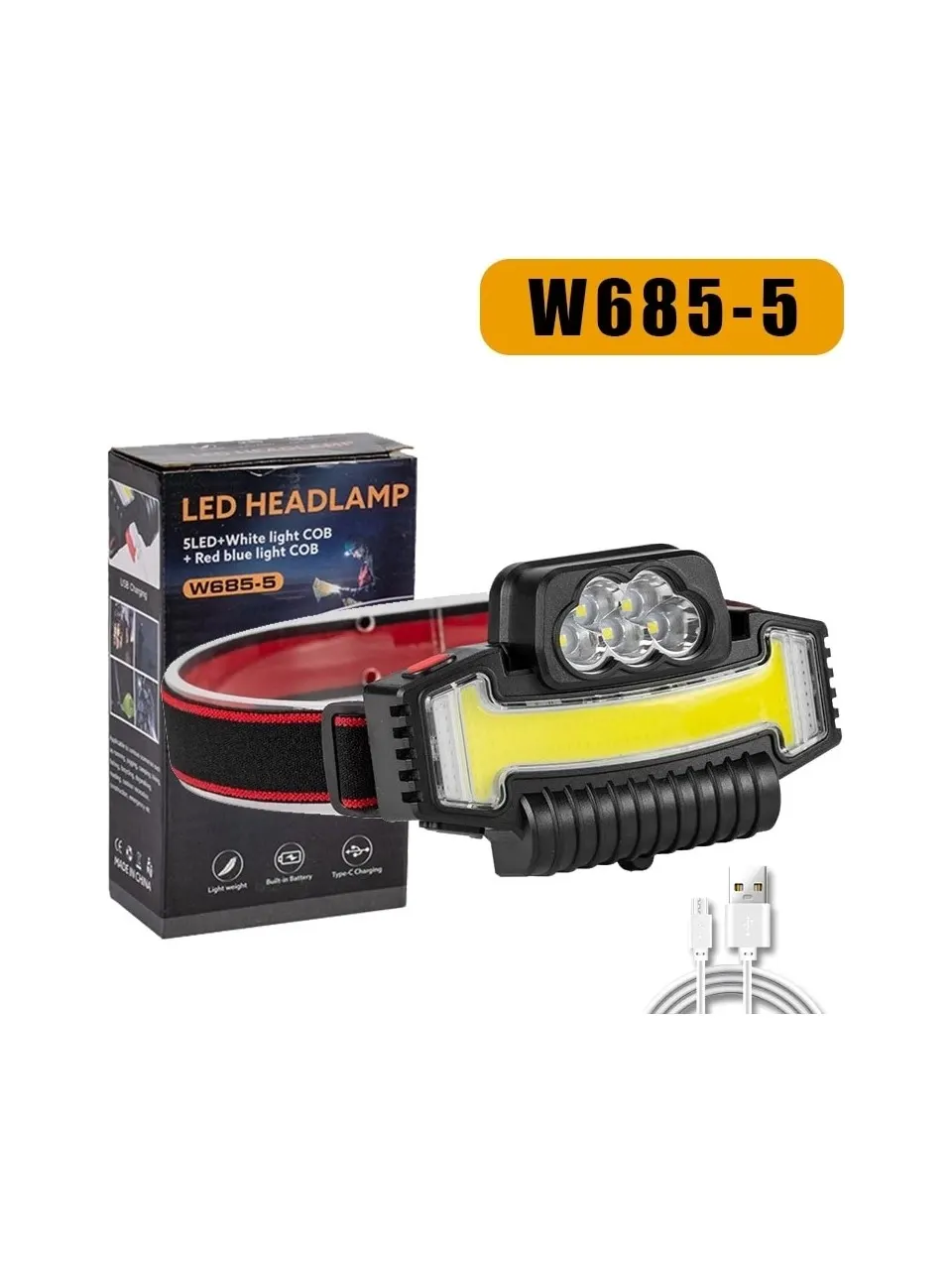 W685-5 Çok Işlevli Far Led+Cob Işıklandırmalı Güçlü Işıklı Uzun Huzmeli Far Dış Mekan Balıkçılığı Için Tip-C Şarj Edilebilir Işık