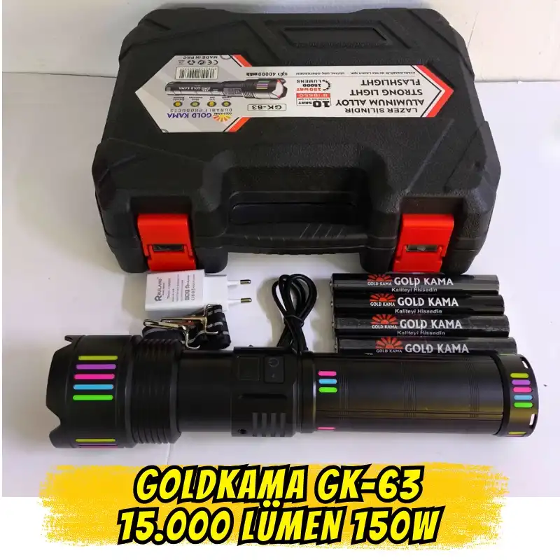 Gold Kama GK-63  150W 15000 Lümen Ultra Güçlü LED El Feneri Lazer Fonksiyonlu
