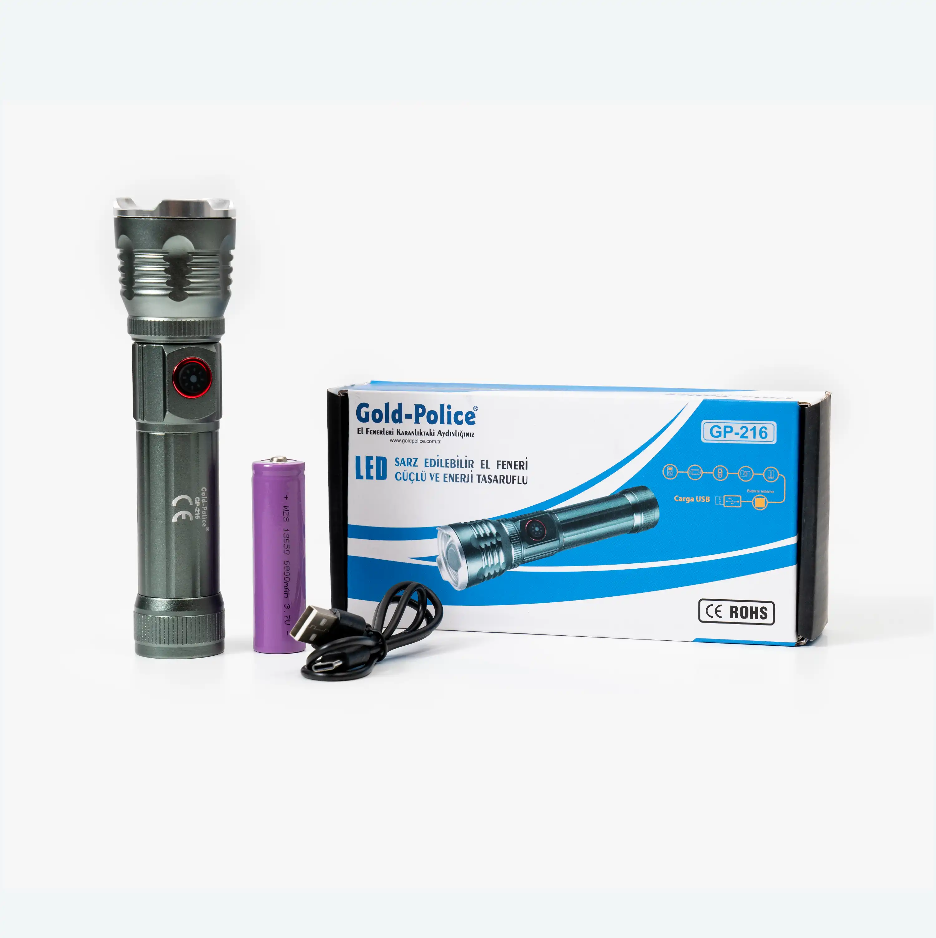 Gold Police GP-216 Şarjlı El Feneri Güçlü TG LED 2000 Lümen