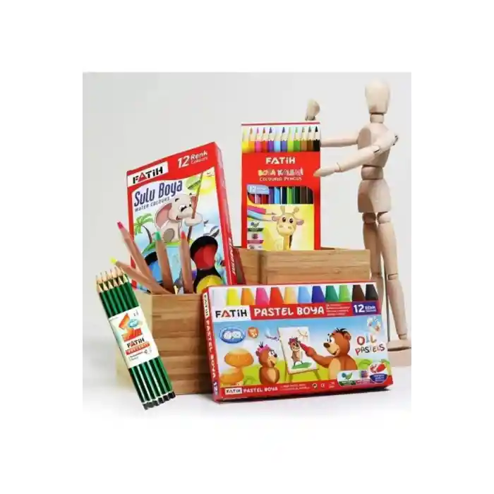4lü Okul Seti - (12li Mercanlı KurşunKalem + 12li Kuru Boya + 12li Pastel Boya + 12li Sul