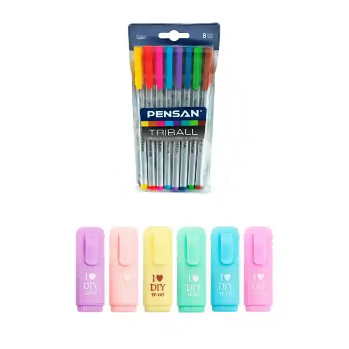 Triball 8li Tükenmez Kalem + I Love Dıy Mini Pastel Fosforlu 6lı Set