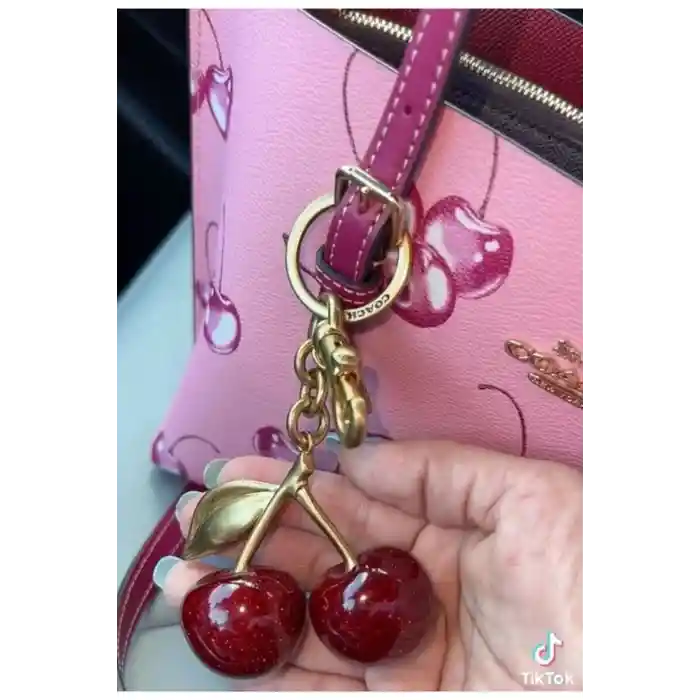 Simli Kiraz Gold Detaylı Kırmızı Viral Çanta Charm Çanta Süsü / Anahtarlık